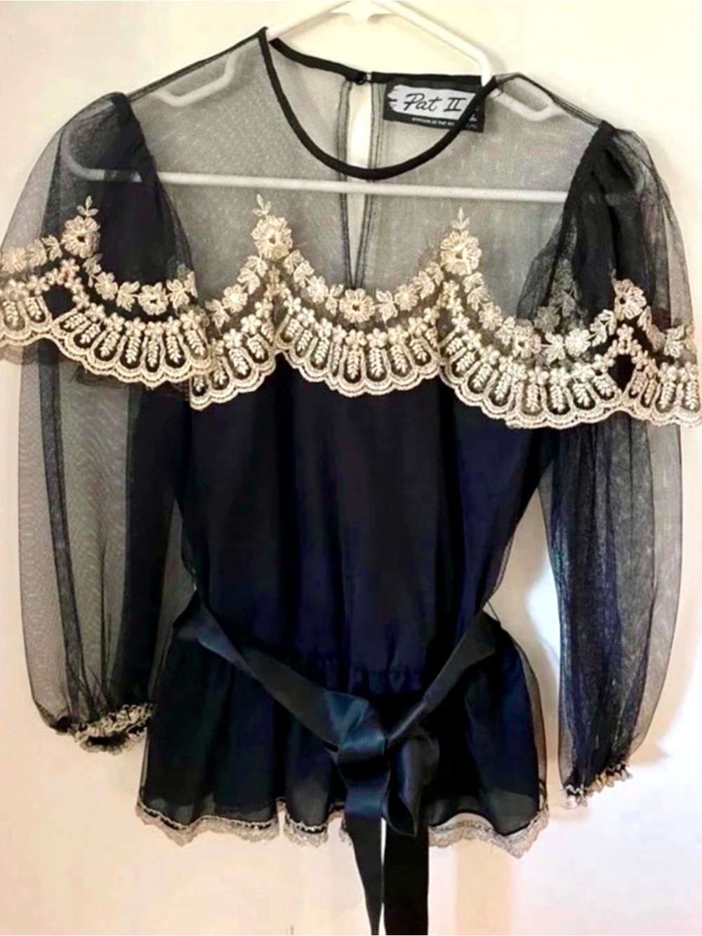 Vintage Black Sheer Lace Trim Peplum Blouse
